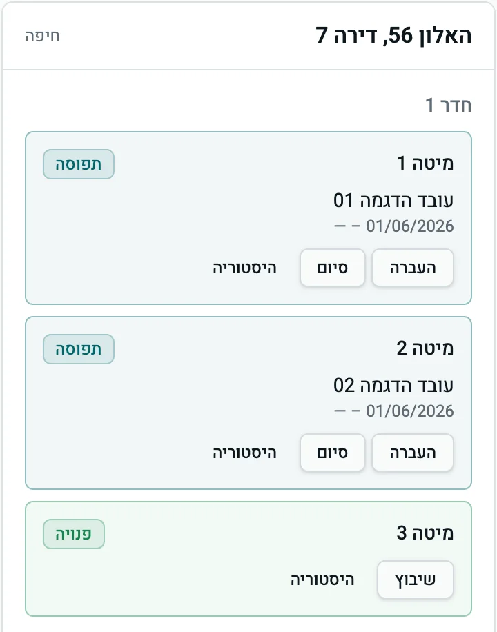 לוח התפוסה: חדר 1 בהאלון 56, דירה 7, עם שתי מיטות תפוסות ומיטה אחת פנויה לשיבוץ.